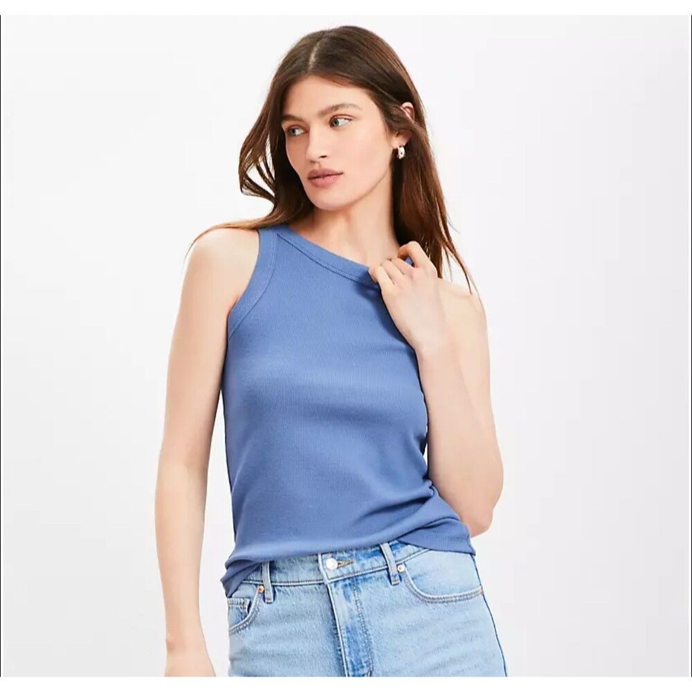 Ann Taylor MP Blue Perfect Tank Ribbed Stretchy Minimalist Preppy Tunic Tank